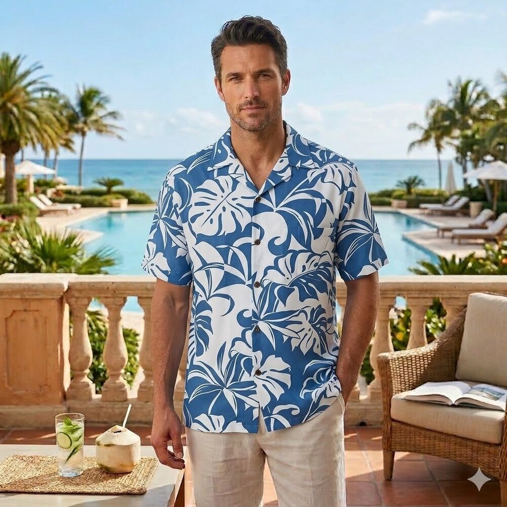 Kalaheo Men’s 3XL Blue & White Monstera Hawaiian Shirt - Made in USA Hawaii
